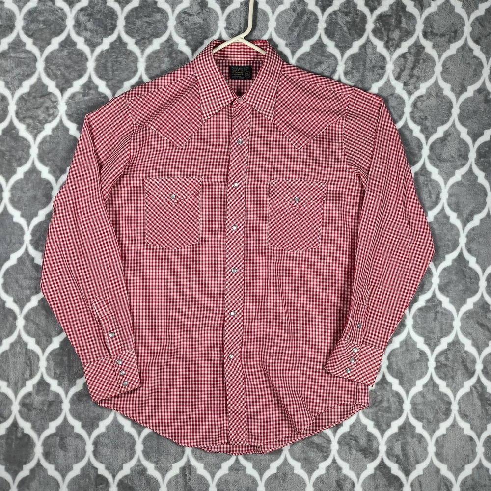 Vintage Western Shirt Men L Red Gingham Pearl Snap Cowboy Rockabilly JCPenney